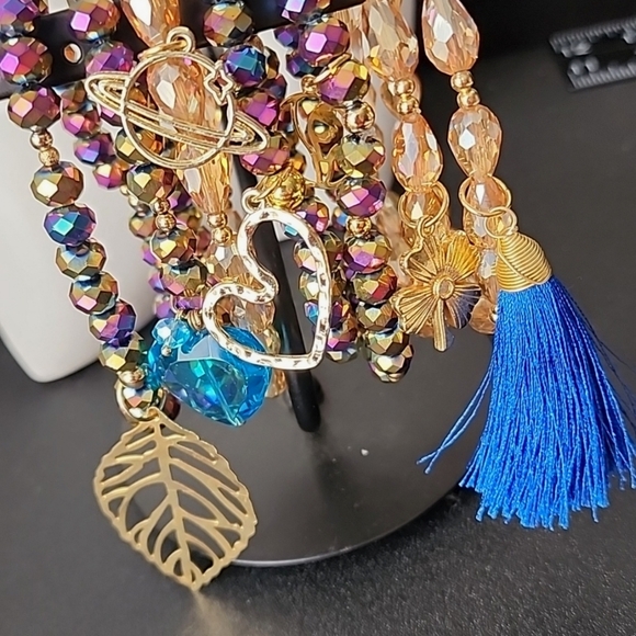 Hand Made Set of 7 AB Gold Crystal Glass Bracelets with Gold Charms Seman… - Picture 6 of 7